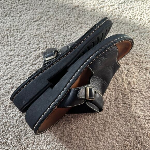 Minnetonka Black Leather Platform Slides Slip On Sandals Women's Size 9 Open Toe - Picture 7 of 11